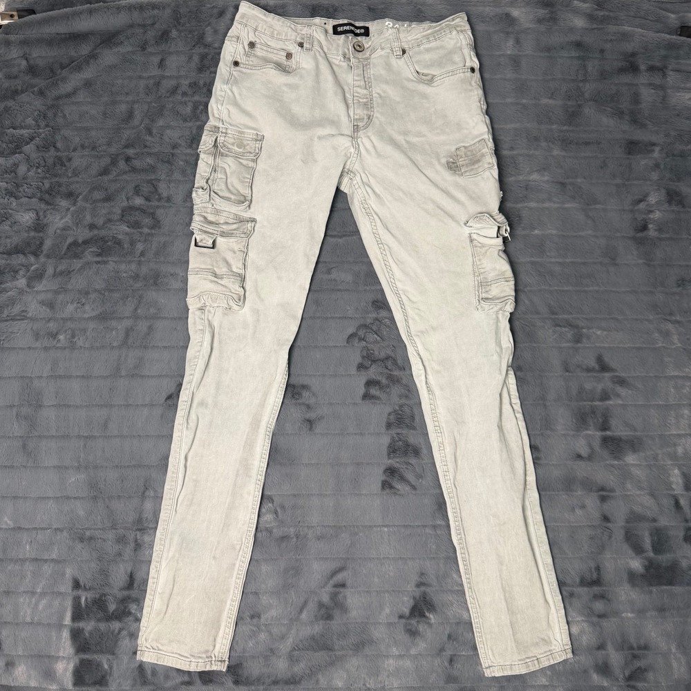 Serenede Mens Light Grey Fitted Cargo Pants Tactical Streetwear Size 34